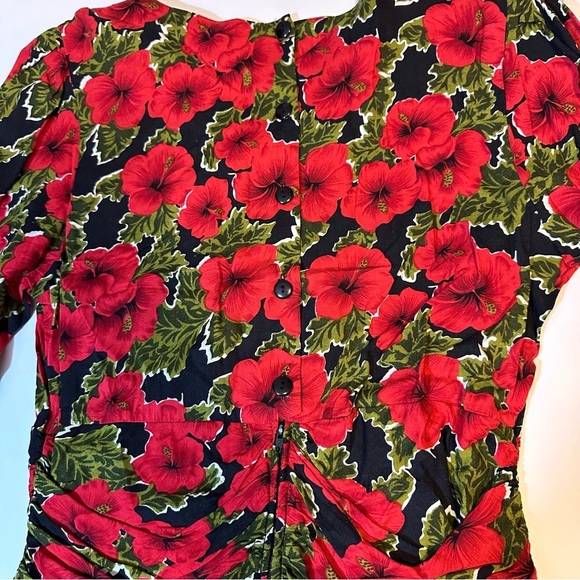 Vtg 80s Caroline Wells Peplum Rayon Dress Red Floral - Picture 9 of 9